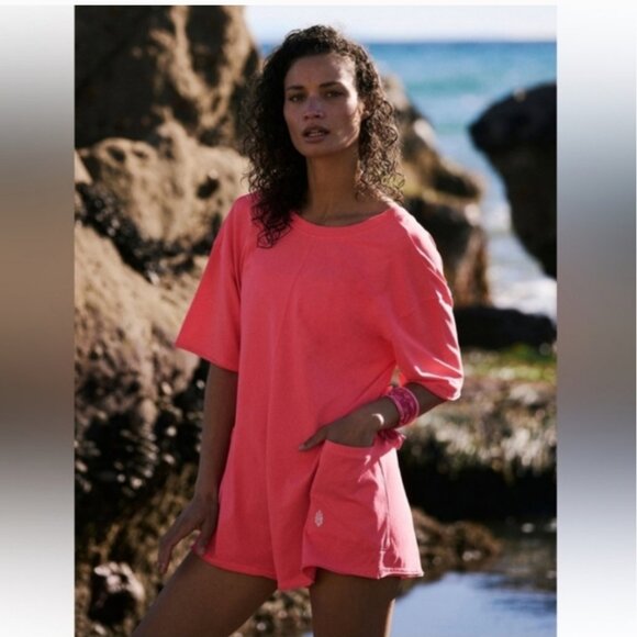 Free People Hot Shot Tee Romper in Electric Sunset - Neon Pink - Picture 3 of 8